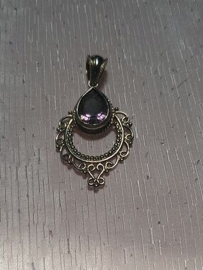 Sterling Silver  Filigree Pendant with Purple Teardrop Stone REASONABLE OFFER AC